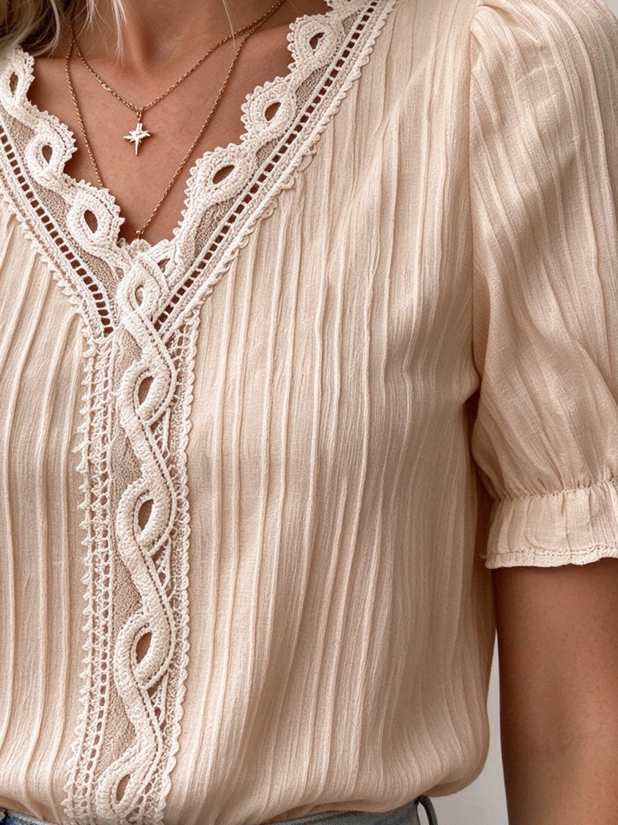 Khaki Textured Lace Trim Blouse