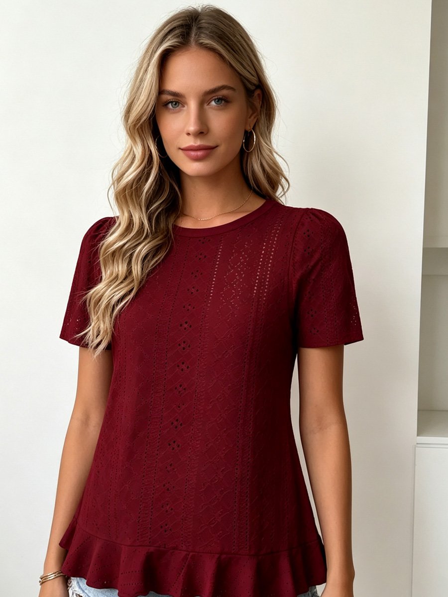 Burgundy Eyelet Short Sleeve Top with Ruffle Hem