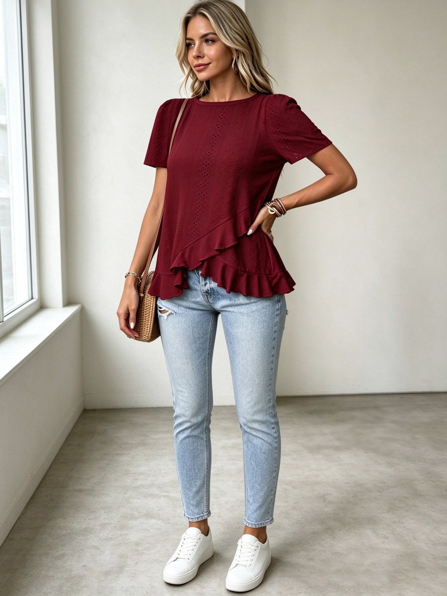 Burgundy Eyelet Short Sleeve Top with Ruffle Hem