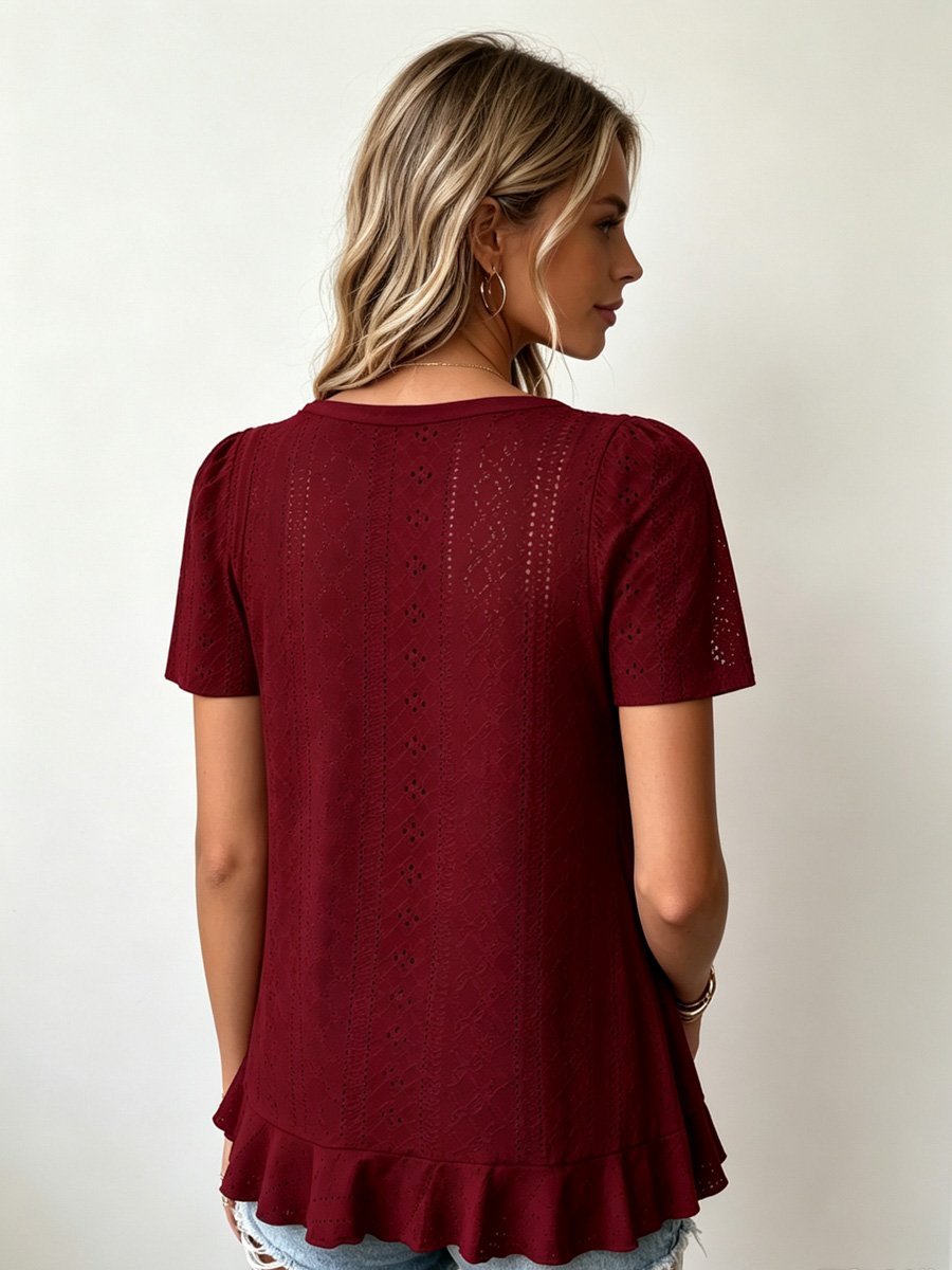 Burgundy Eyelet Short Sleeve Top with Ruffle Hem
