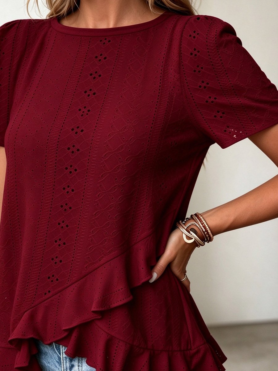 Burgundy Eyelet Short Sleeve Top with Ruffle Hem