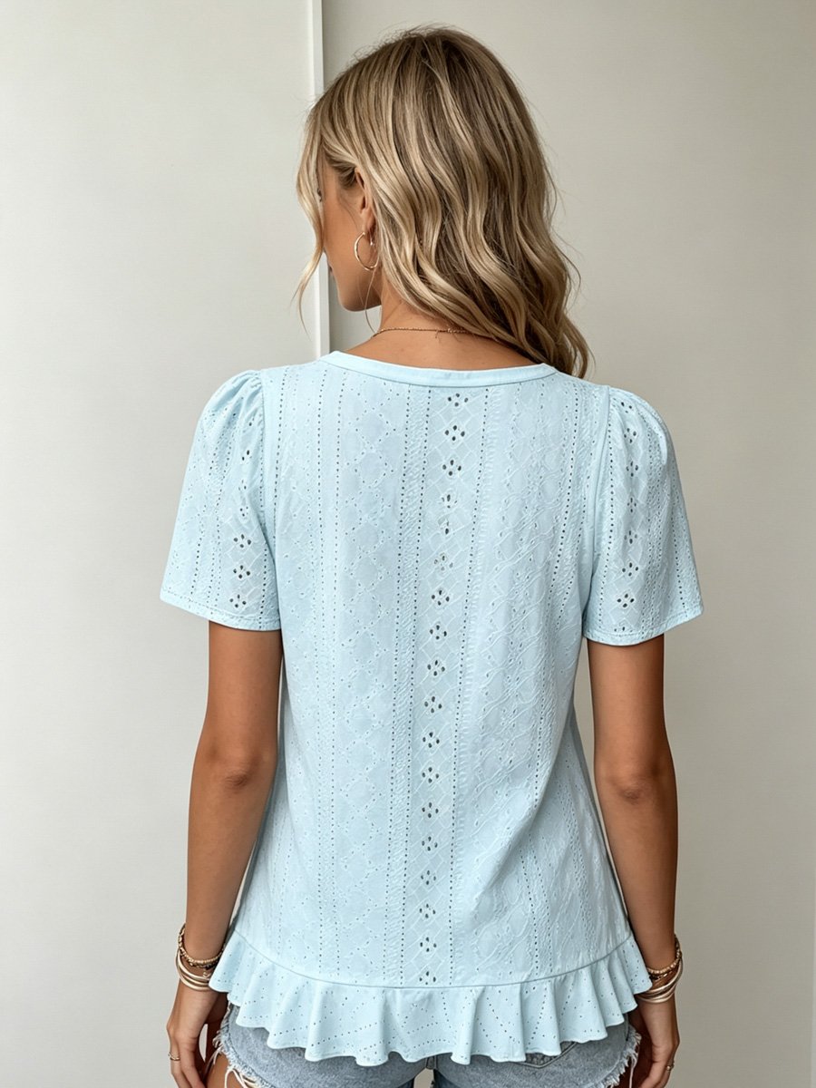 Light Blue Eyelet Ruffle Hem Top