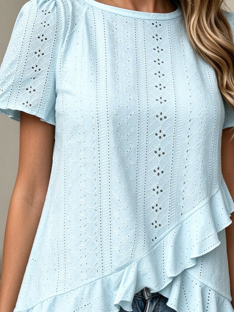 Light Blue Eyelet Ruffle Hem Top