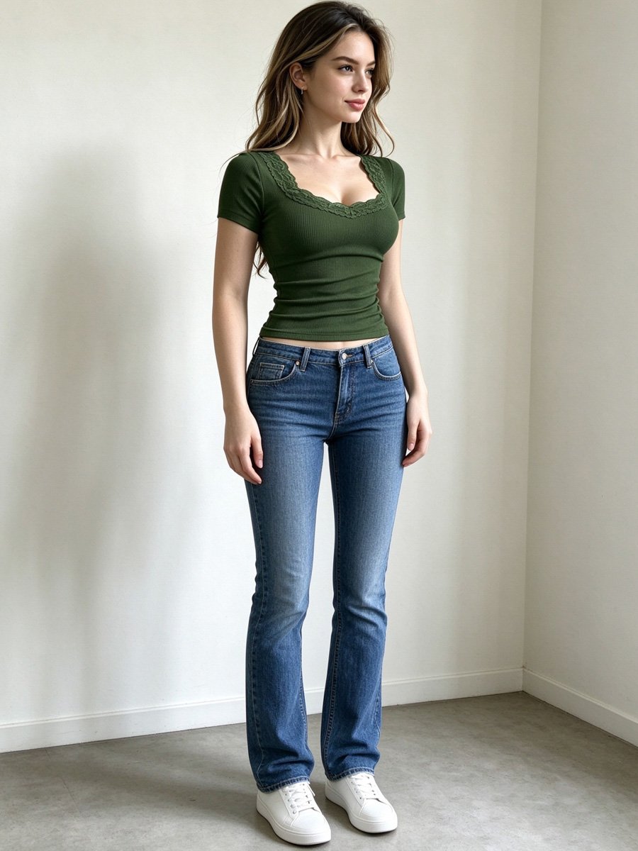 Dark Green Ribbed Knit Short Sleeve Top
