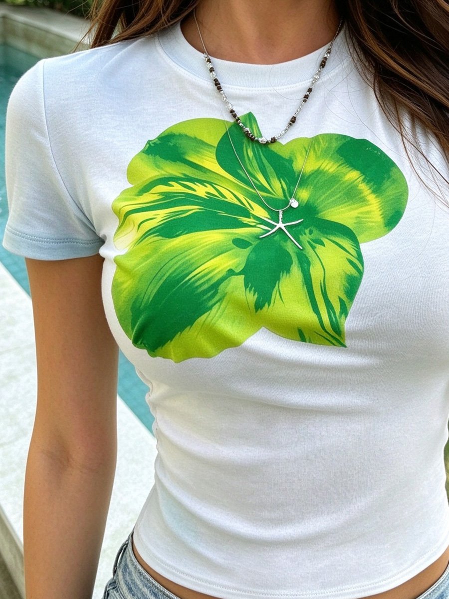 White Floral Print Short Sleeve Top