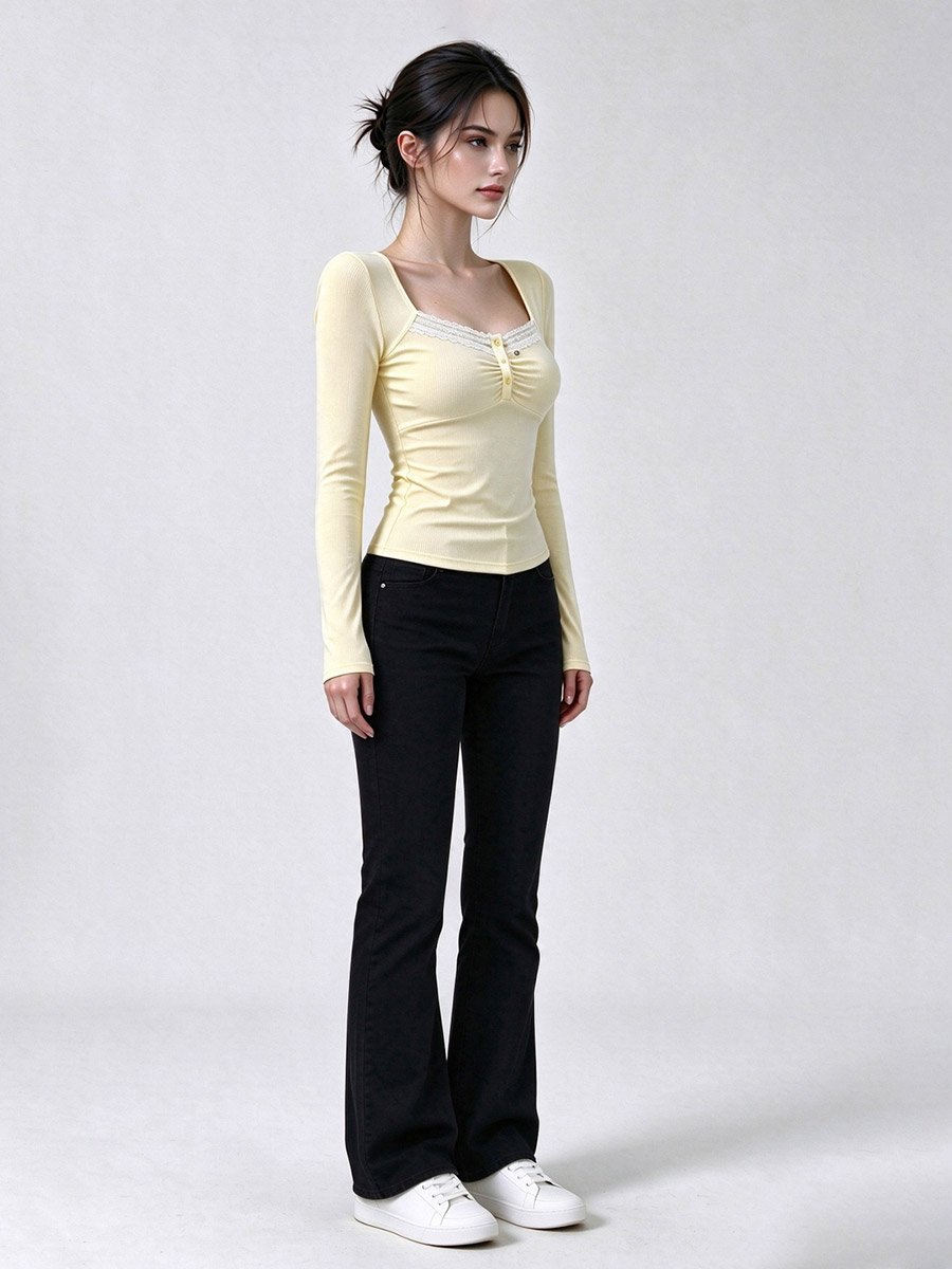 Yellow Ribbed Long-Sleeve Top with Lace Trim