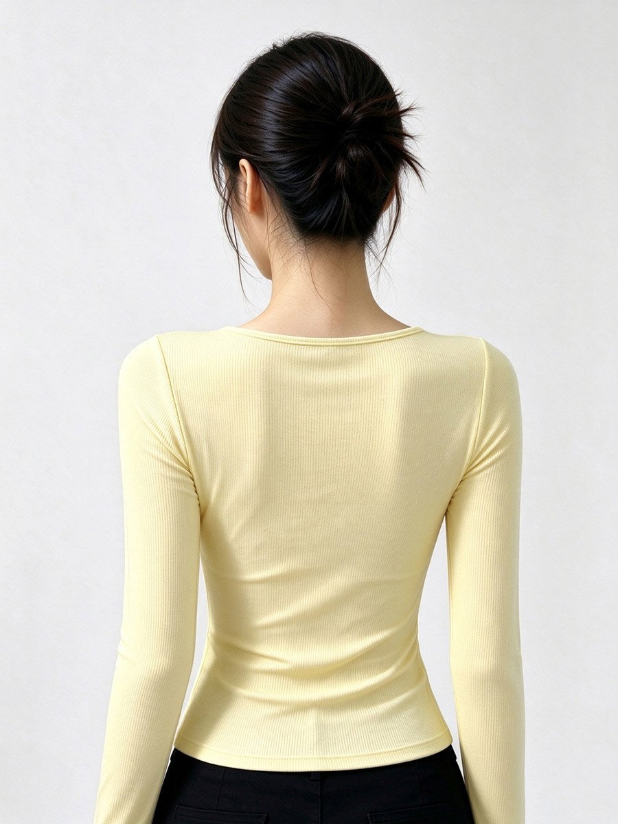 Yellow Ribbed Long-Sleeve Top with Lace Trim