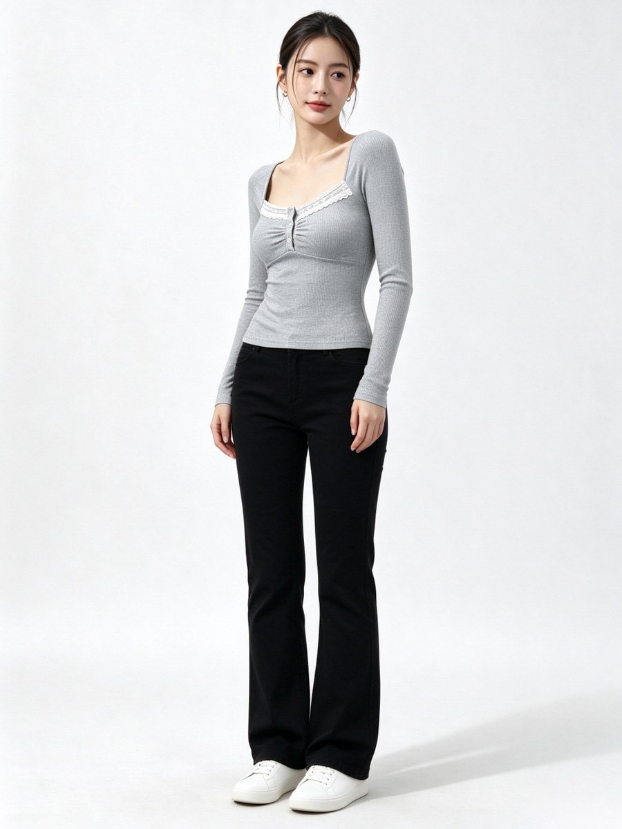 Grey Ribbed Top with Lace Trim