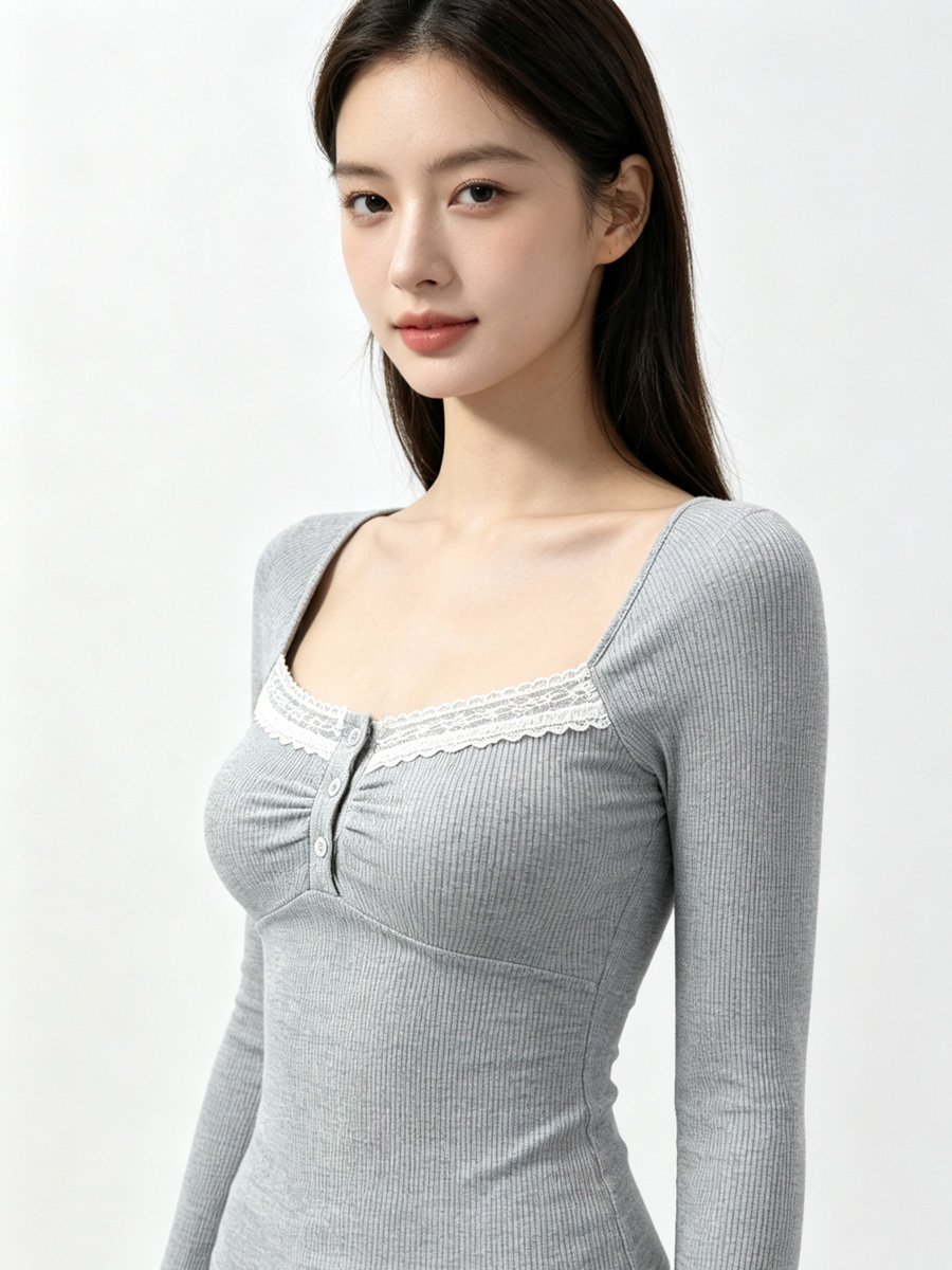 Grey Ribbed Top with Lace Trim