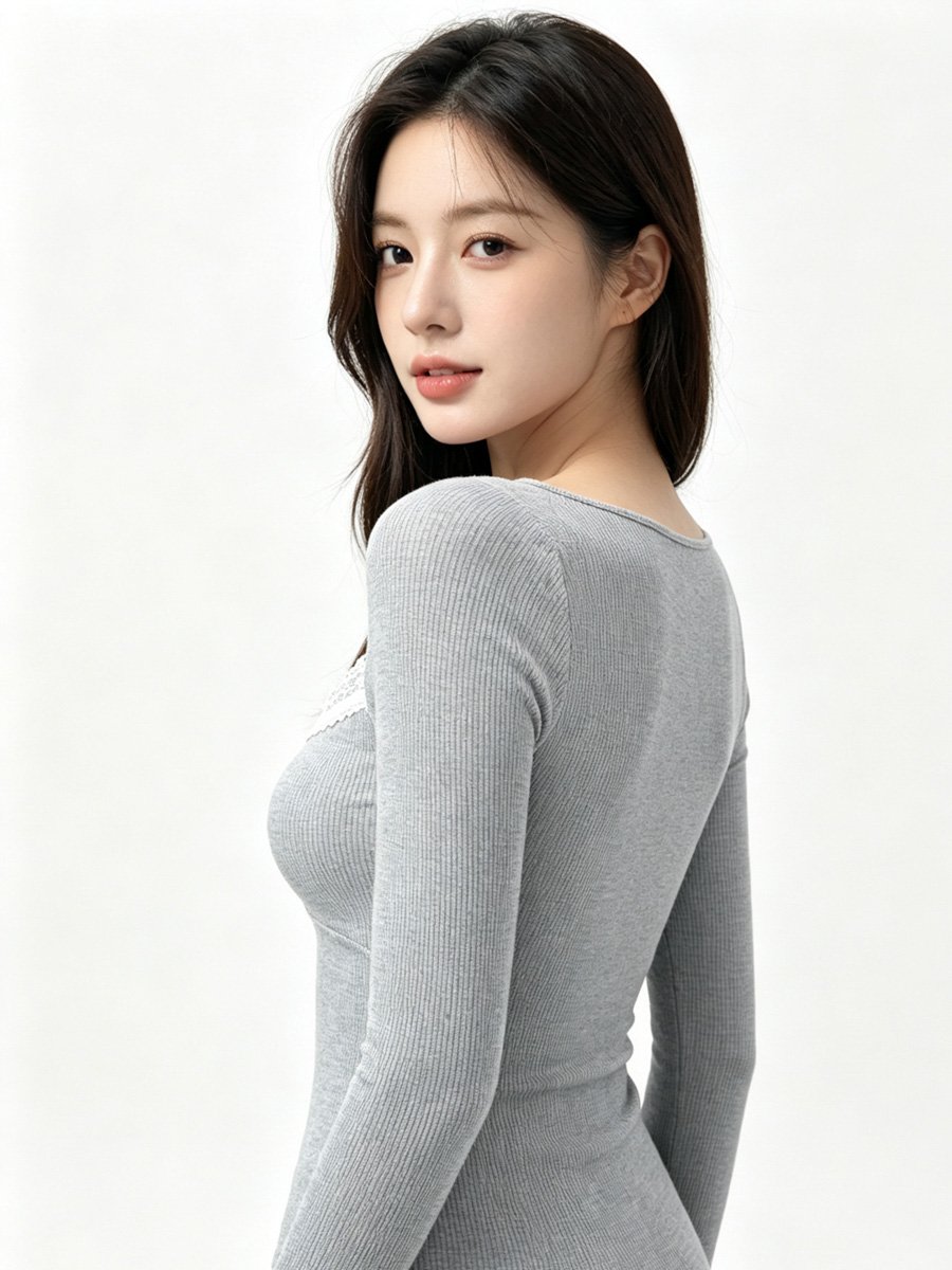 Grey Ribbed Top with Lace Trim