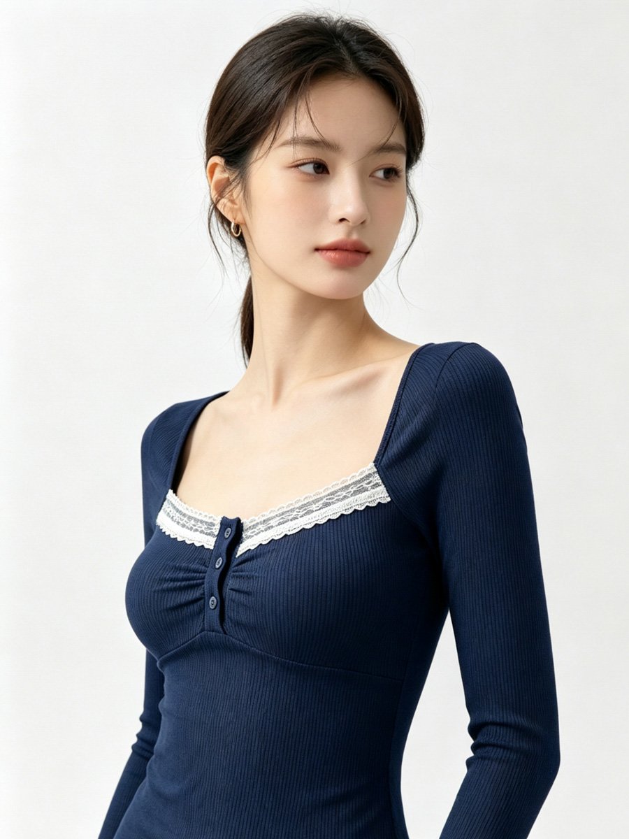 Dark Blue Ribbed Top with Lace Trim
