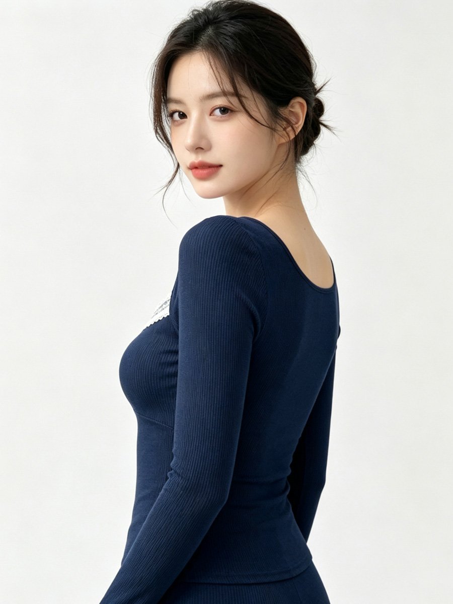 Dark Blue Ribbed Top with Lace Trim