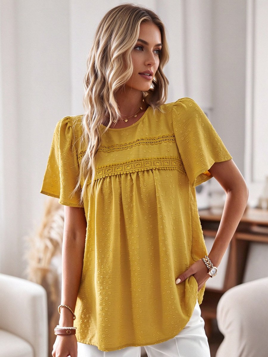 Yellow Swiss Dot Blouse with Lace Detail