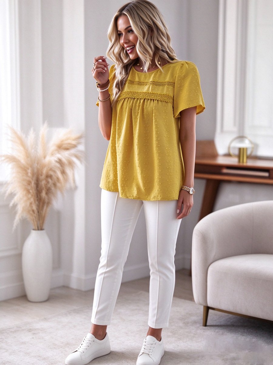 Yellow Swiss Dot Blouse with Lace Detail