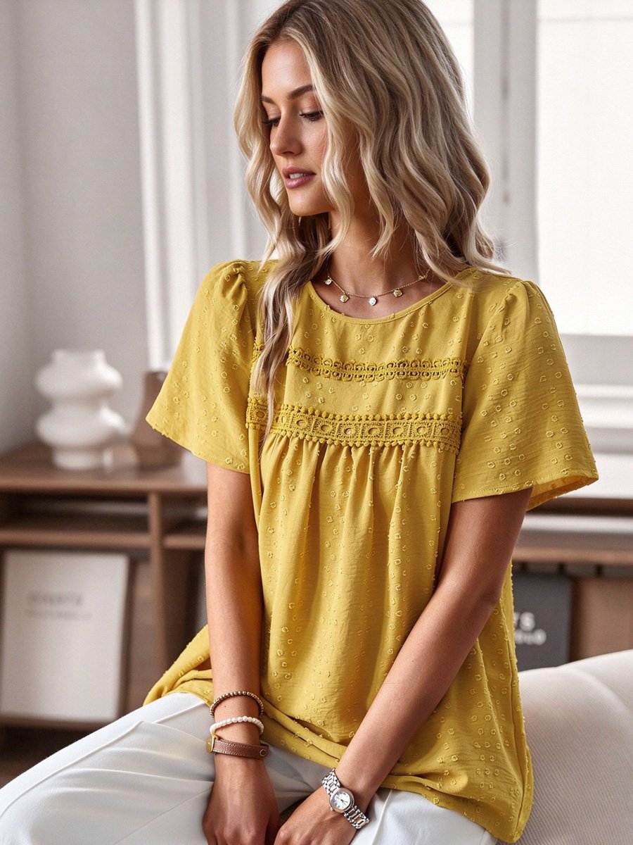 Yellow Swiss Dot Blouse with Lace Detail