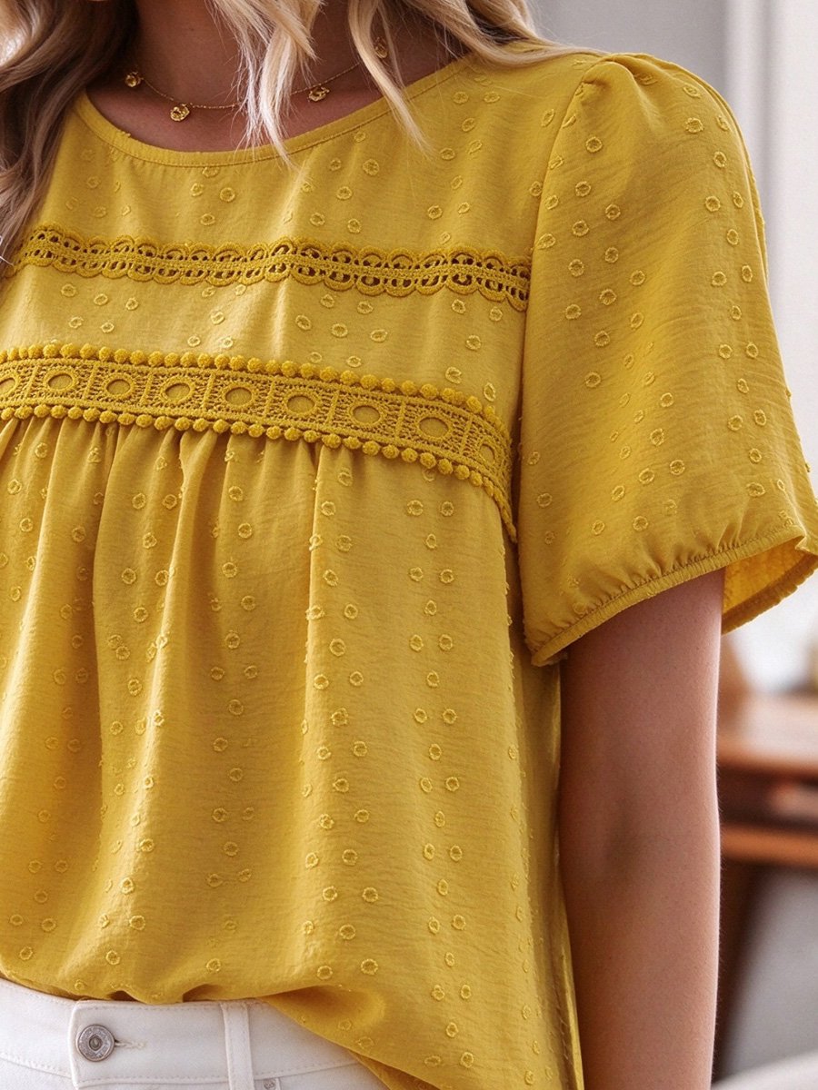 Yellow Swiss Dot Blouse with Lace Detail