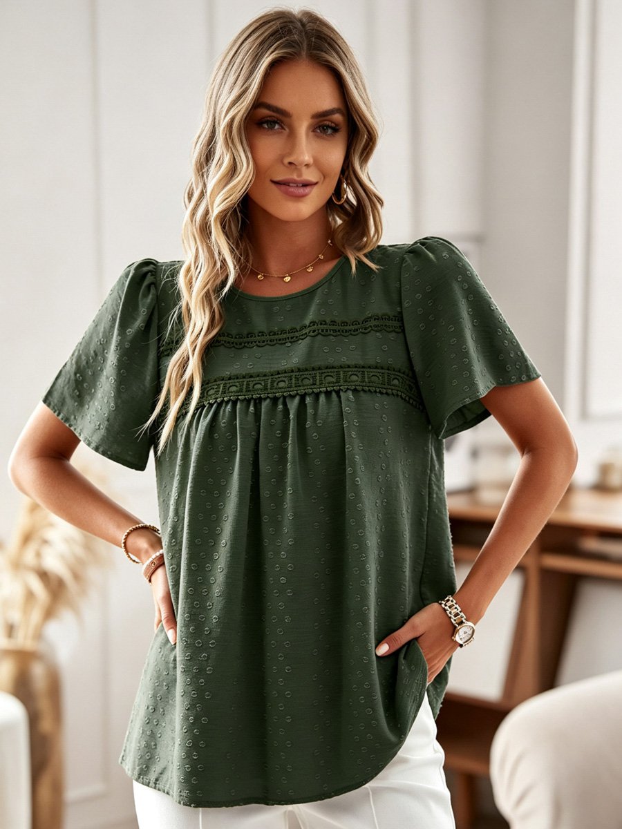 Green Swiss Dot Blouse with Lace Detail