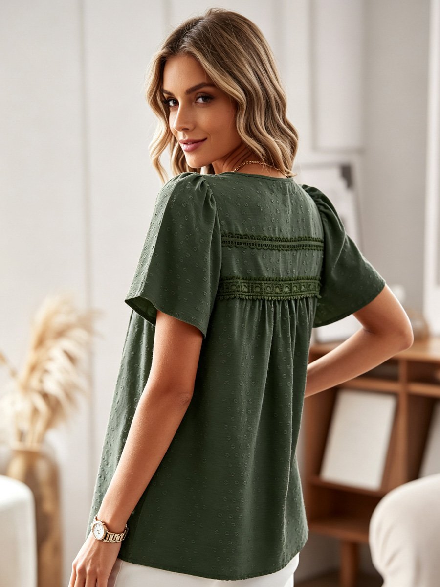 Green Swiss Dot Blouse with Lace Detail