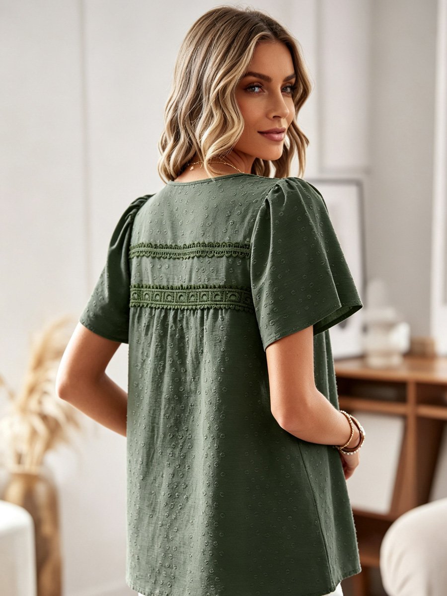 Green Swiss Dot Blouse with Lace Detail