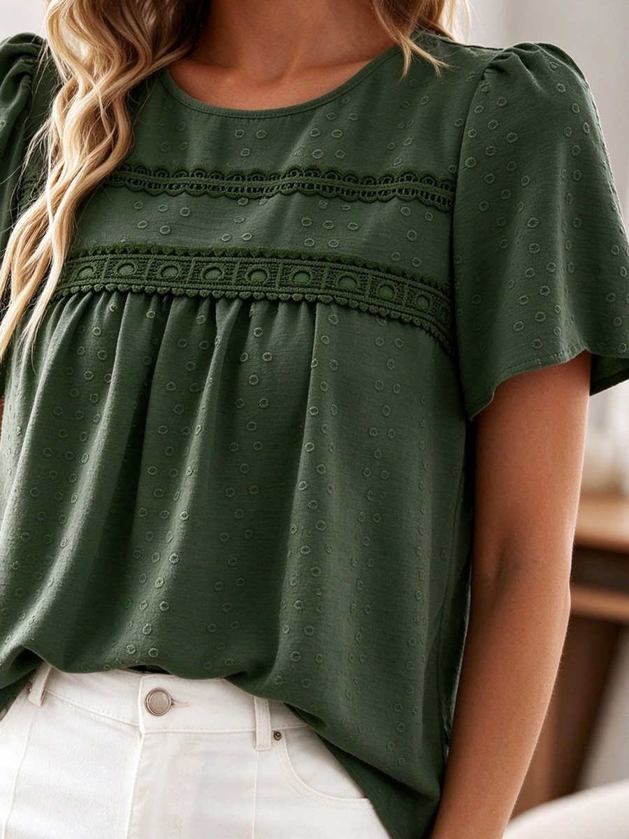 Green Swiss Dot Blouse with Lace Detail