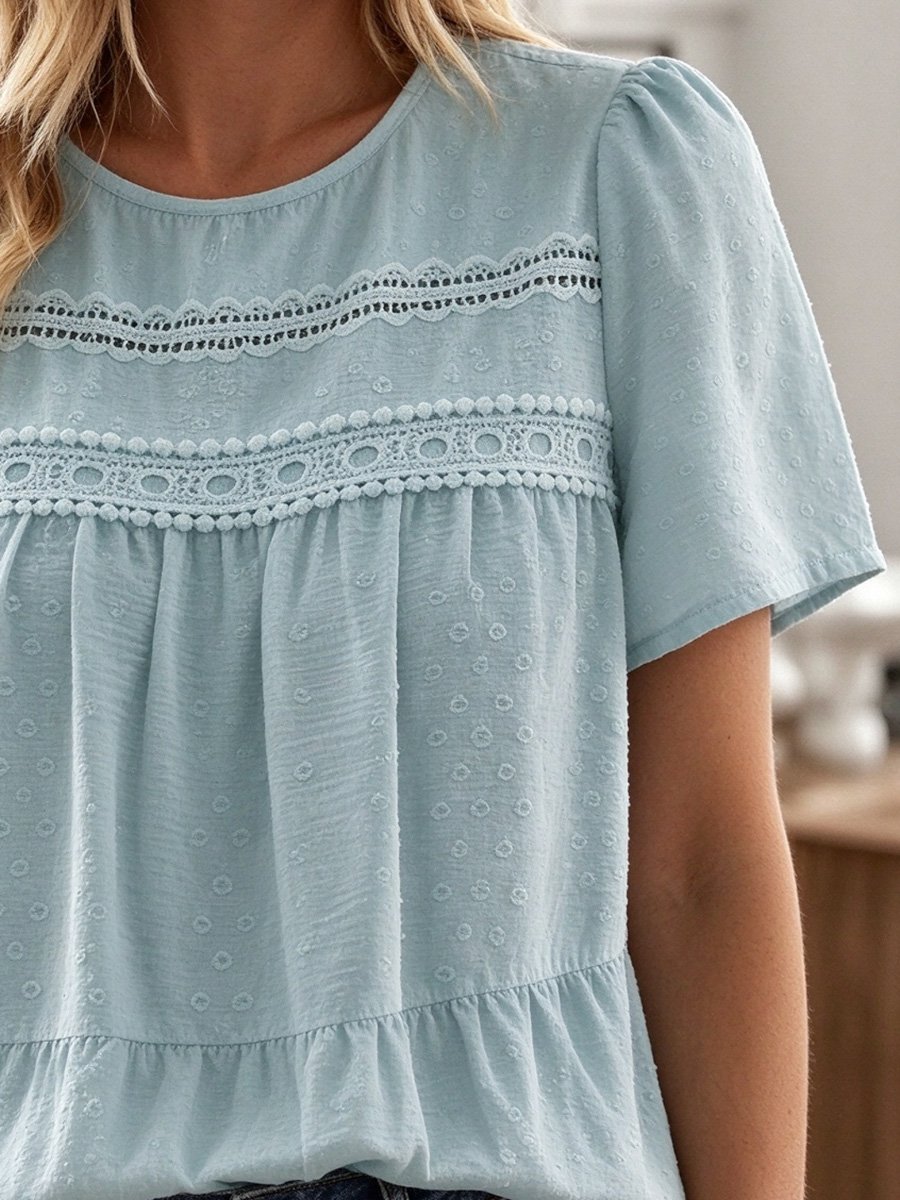 Blue Swiss Dot Blouse with Lace Detail
