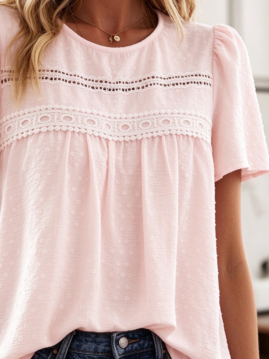 Light Pink Swiss Dot Blouse with Lace Detail
