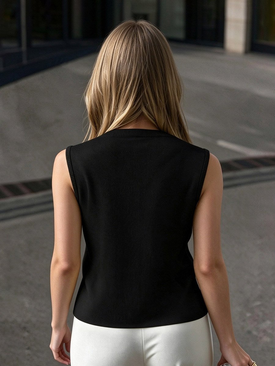 Black Knit Halter Button-Front Vest Top