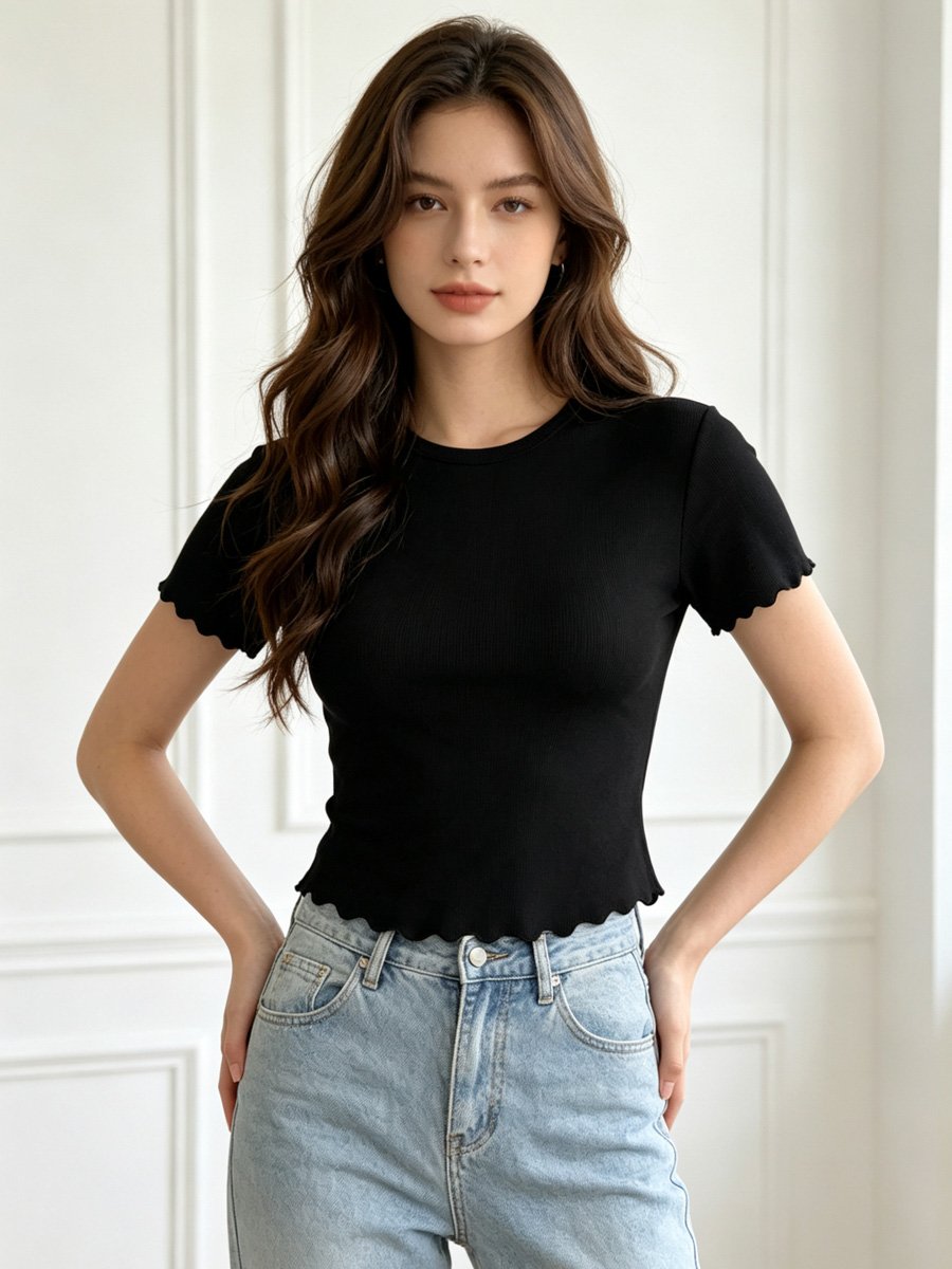 Black Ribbed Scallop Trim Fitted Top