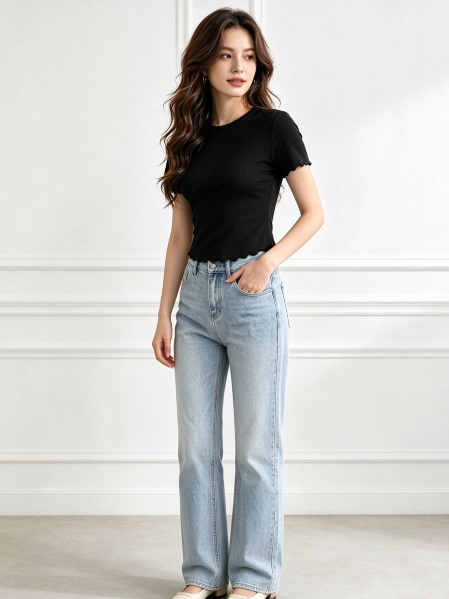 Black Ribbed Scallop Trim Fitted Top
