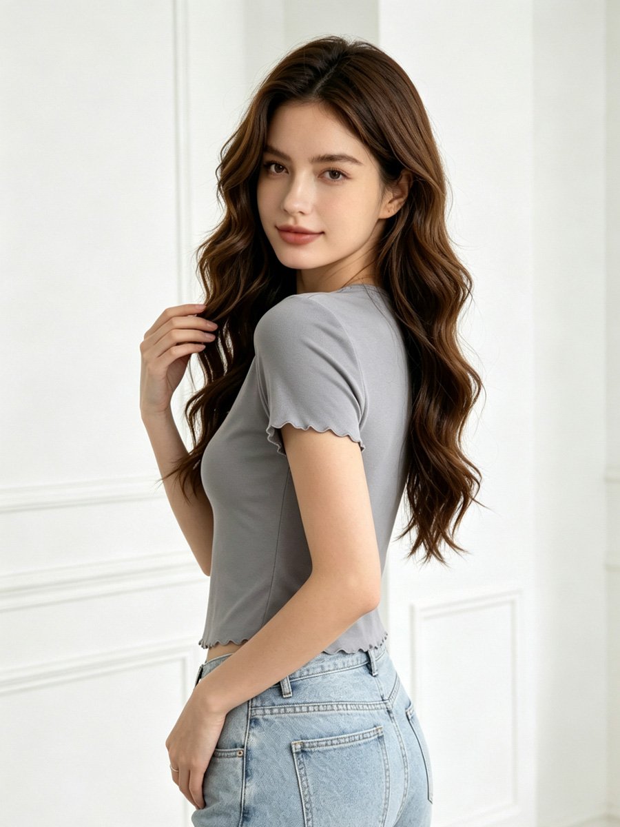 Grey Ribbed Scallop Trim Fitted Top