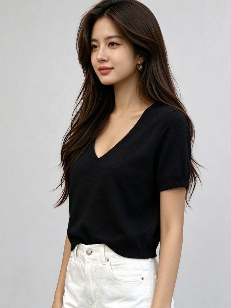 Black V Neck Knit Top