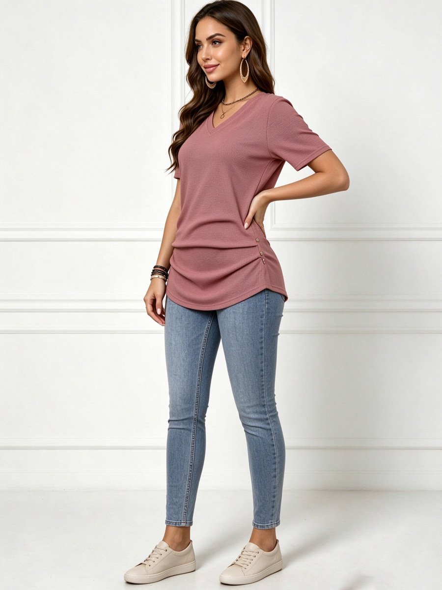 Dusty Rose Short Sleeve V Neck Ruched Top 