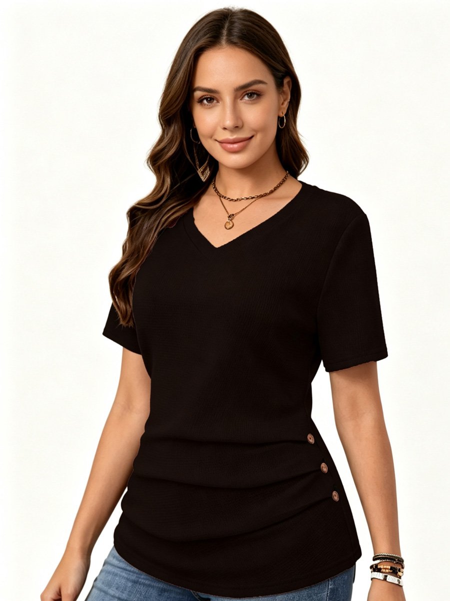 Plus Size Ribbed V Neck Button Detail T-Shirt