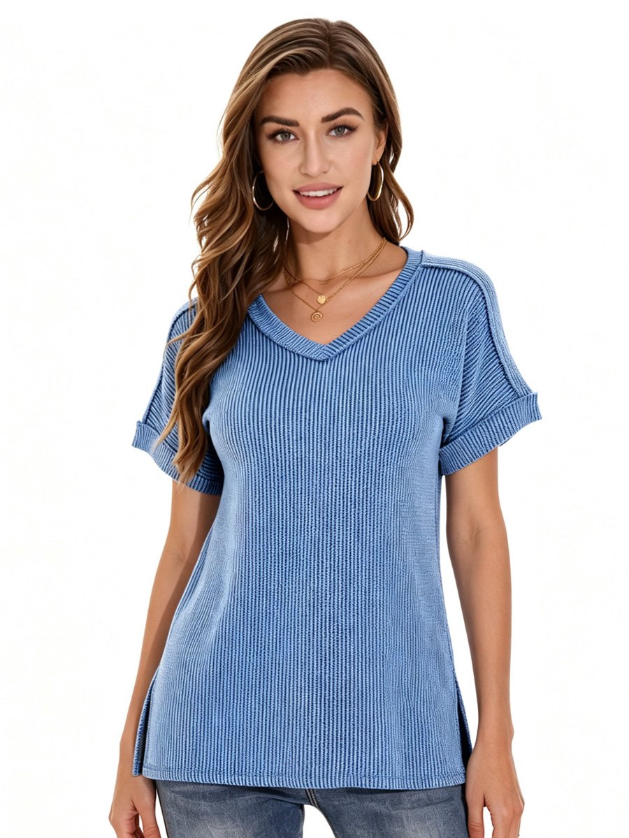 Blue Ribbed V Neck Top