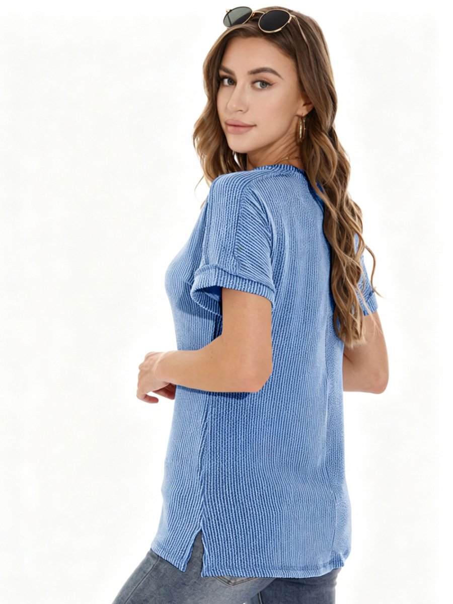Blue Ribbed V Neck Top