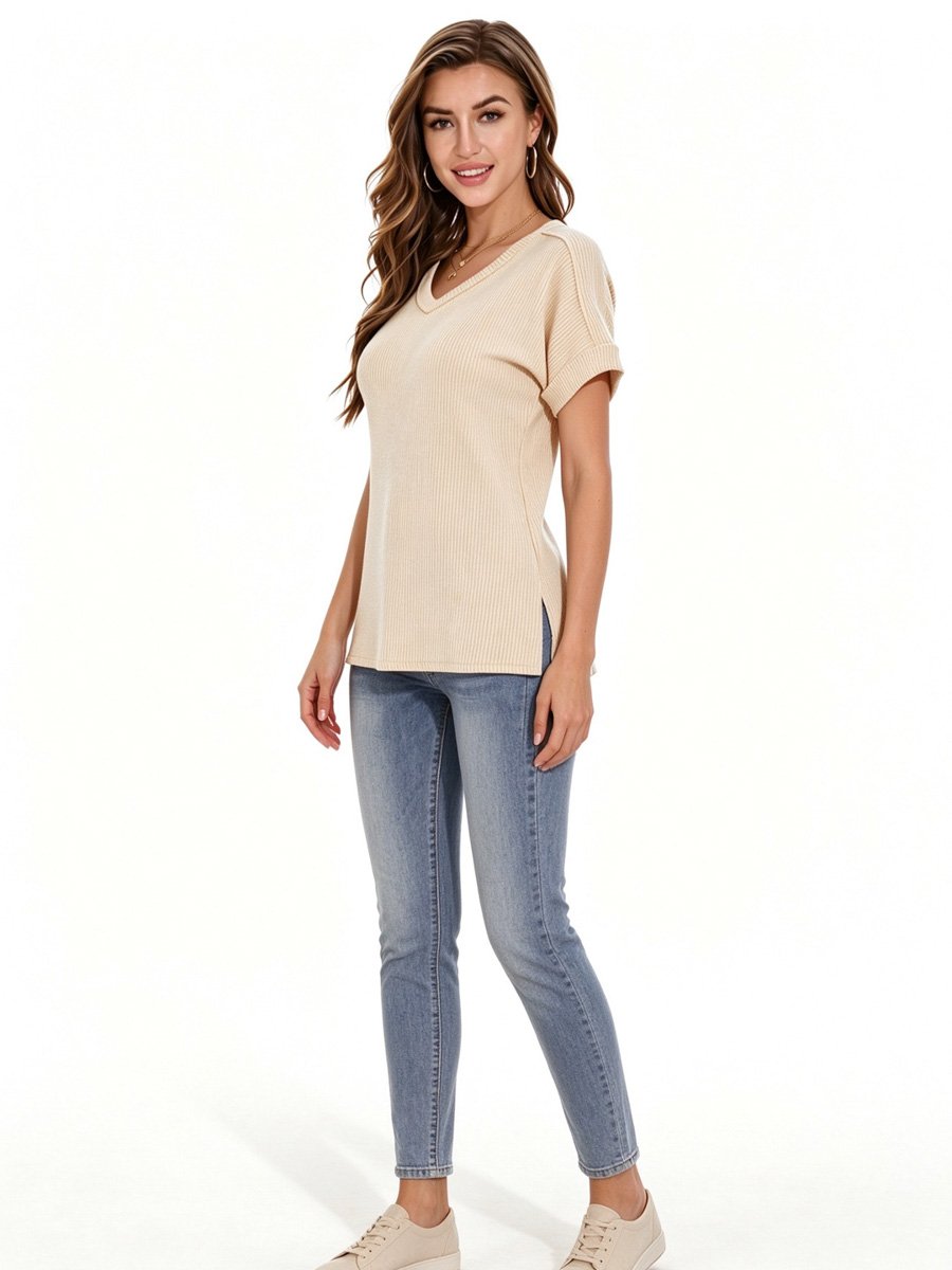 Beige Ribbed V Neck Top