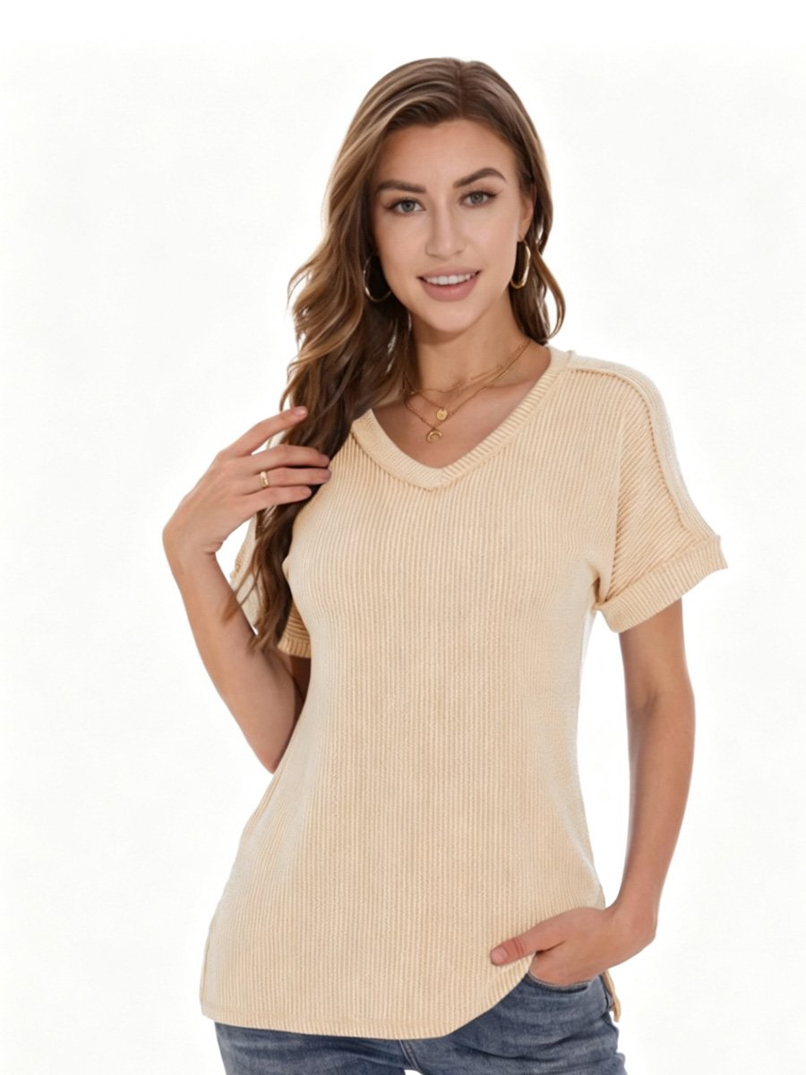 Beige Ribbed V Neck Top