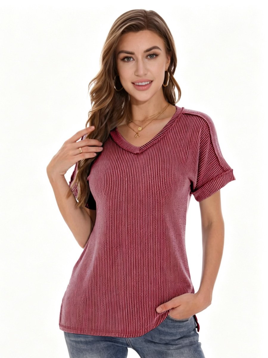 Burgundy Ribbed V Neck Top