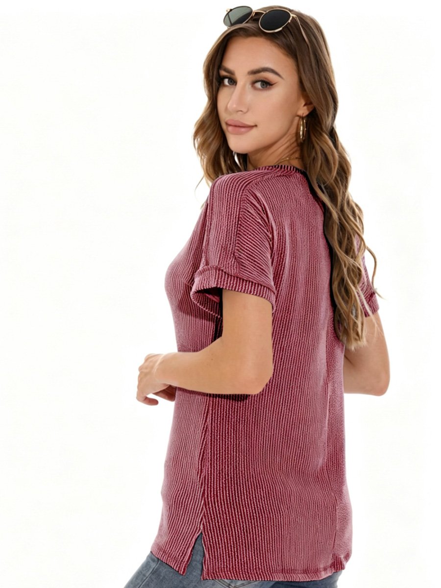Burgundy Ribbed V Neck Top