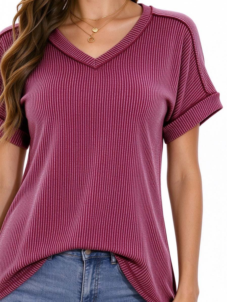 Burgundy Ribbed V Neck Top