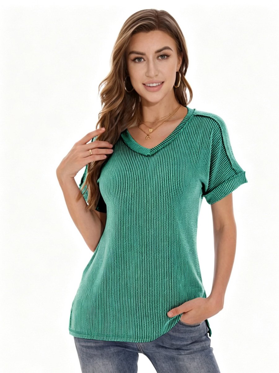 Green Ribbed V Neck Top