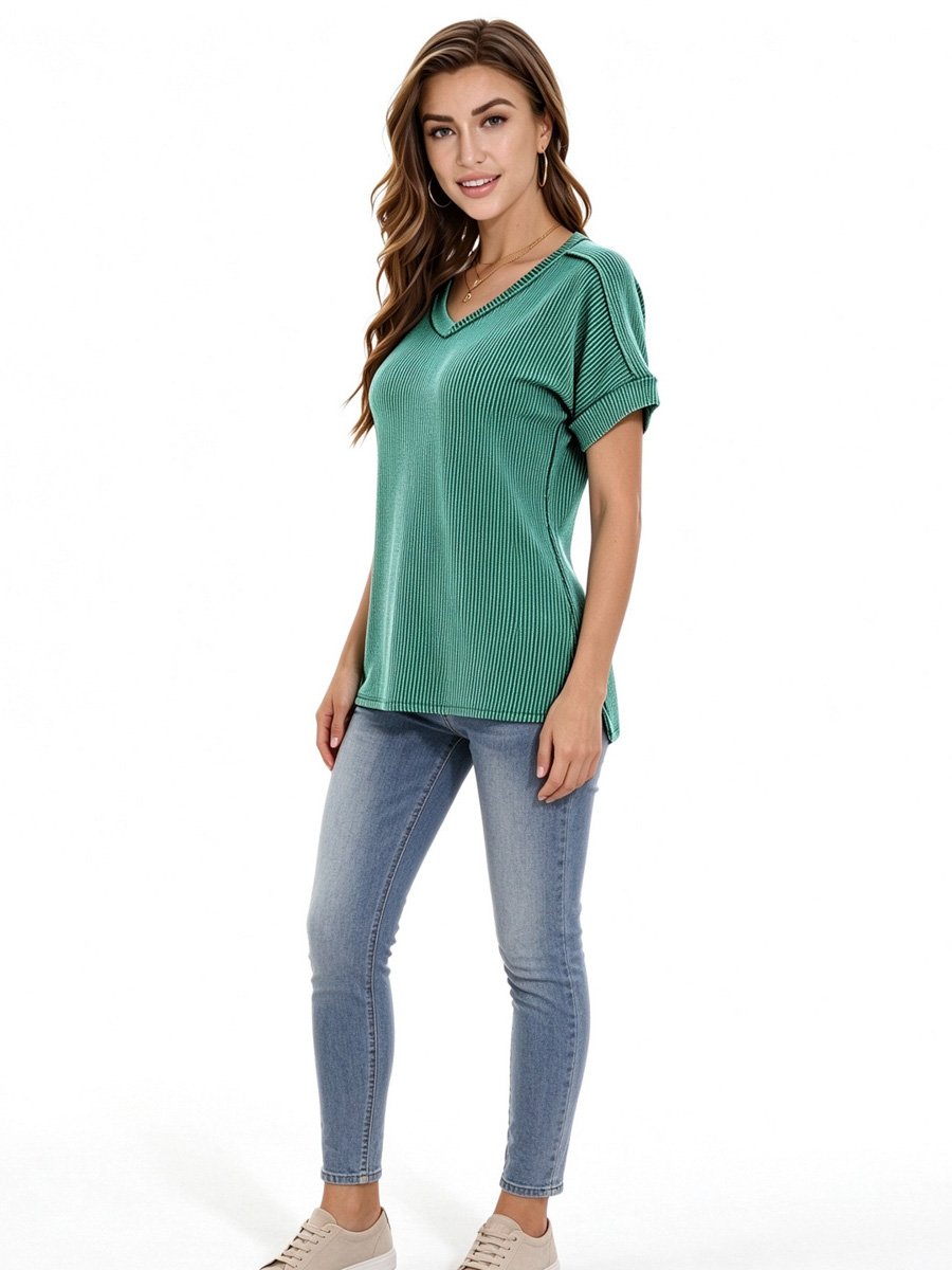 Green Ribbed V Neck Top