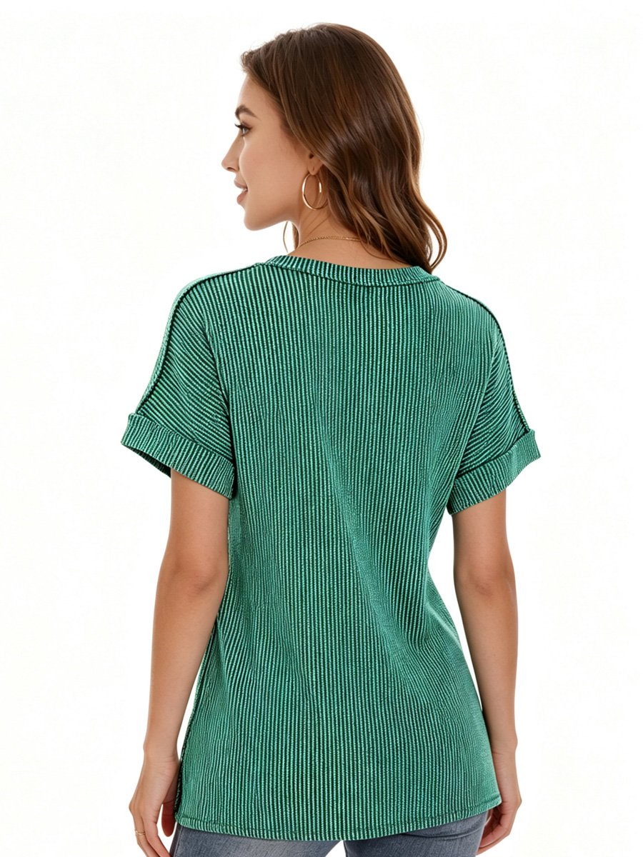 Green Ribbed V Neck Top