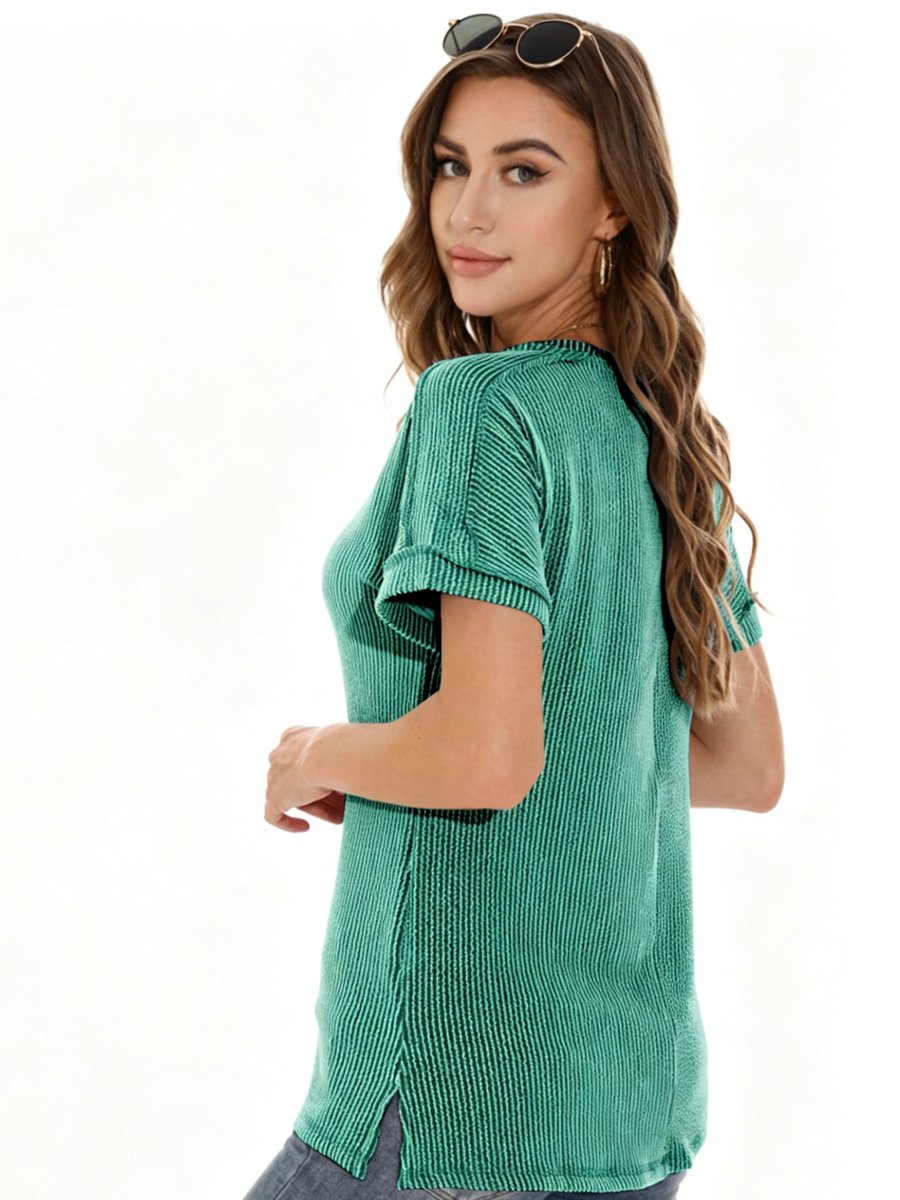 Green Ribbed V Neck Top