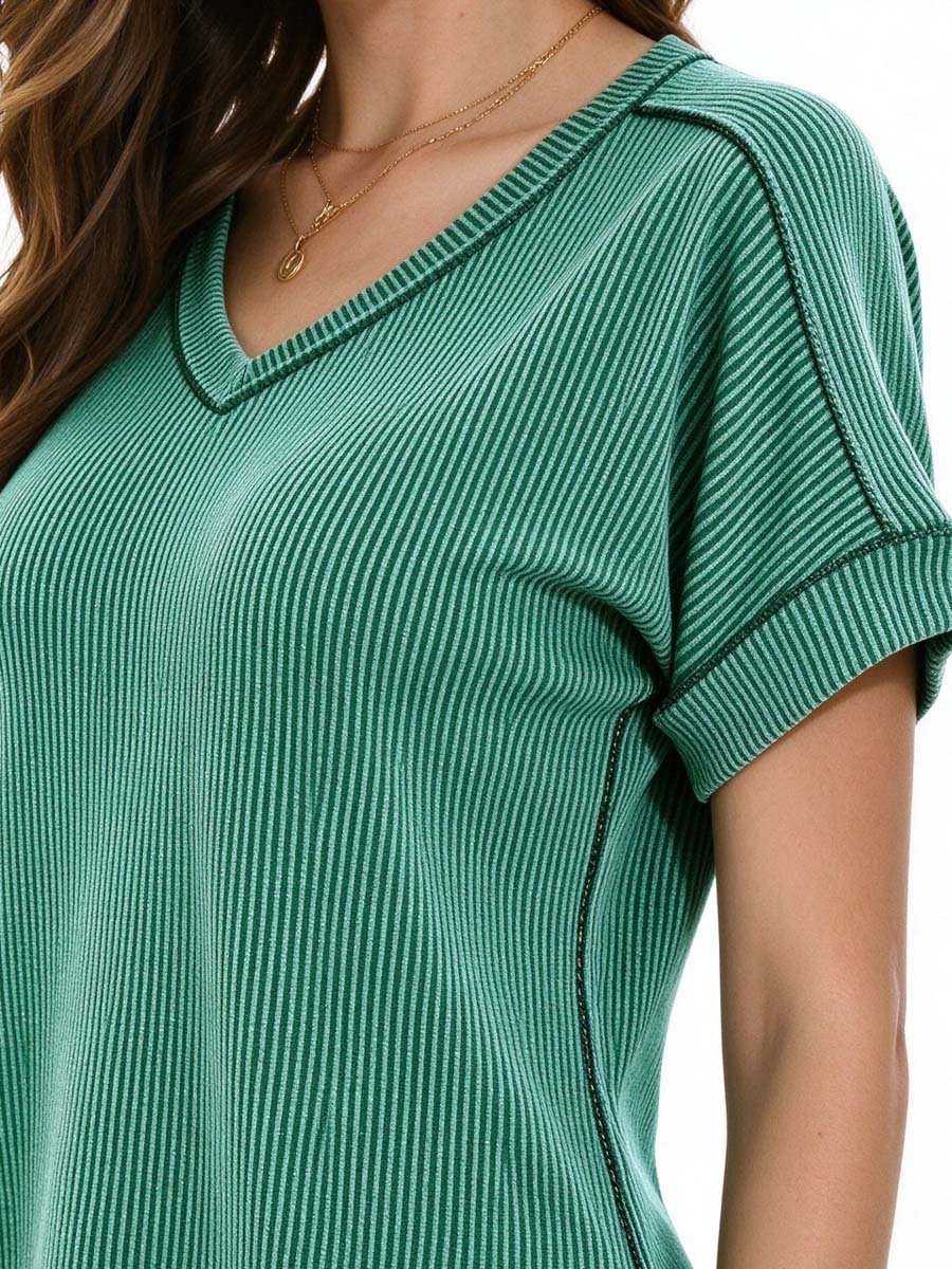 Green Ribbed V Neck Top