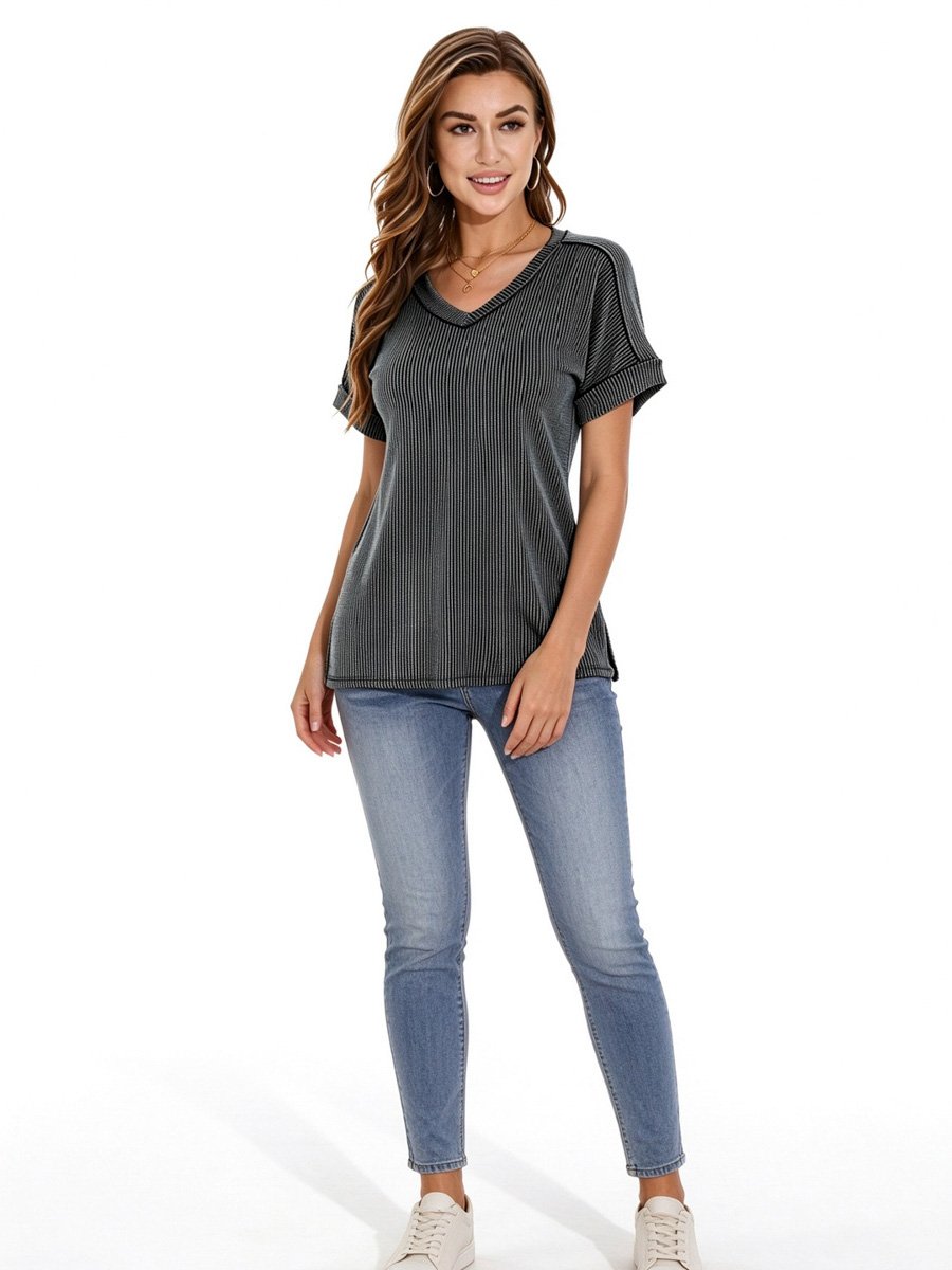 Black Ribbed V Neck Top