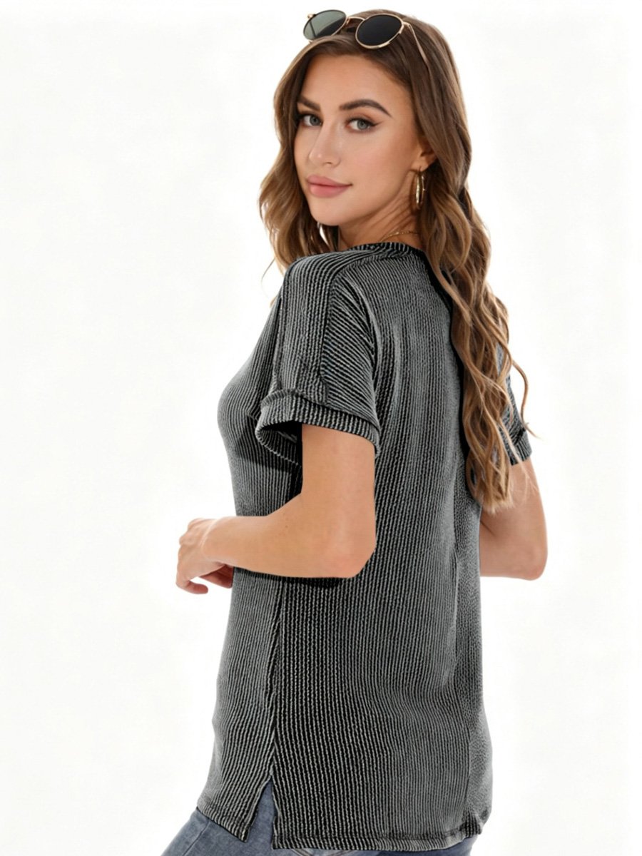 Black Ribbed V Neck Top