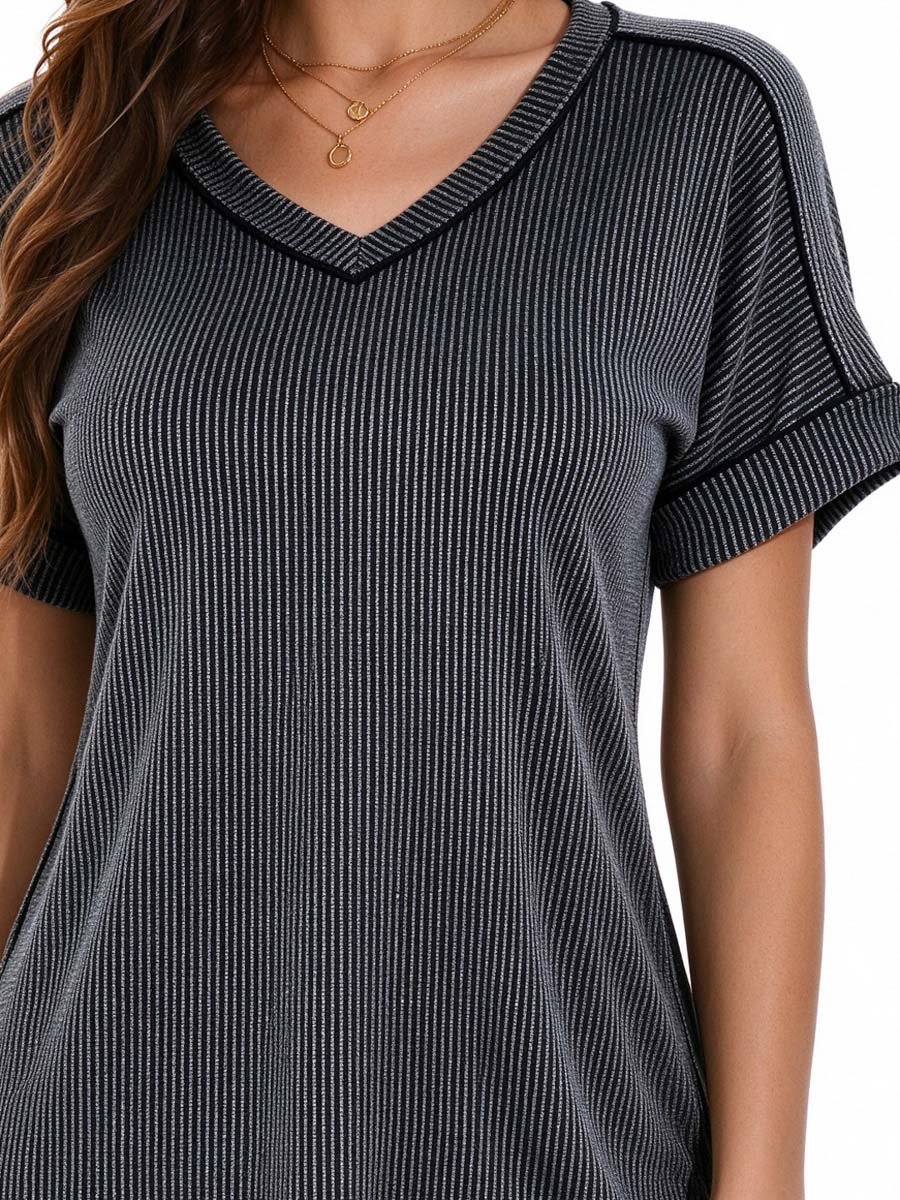 Black Ribbed V Neck Top