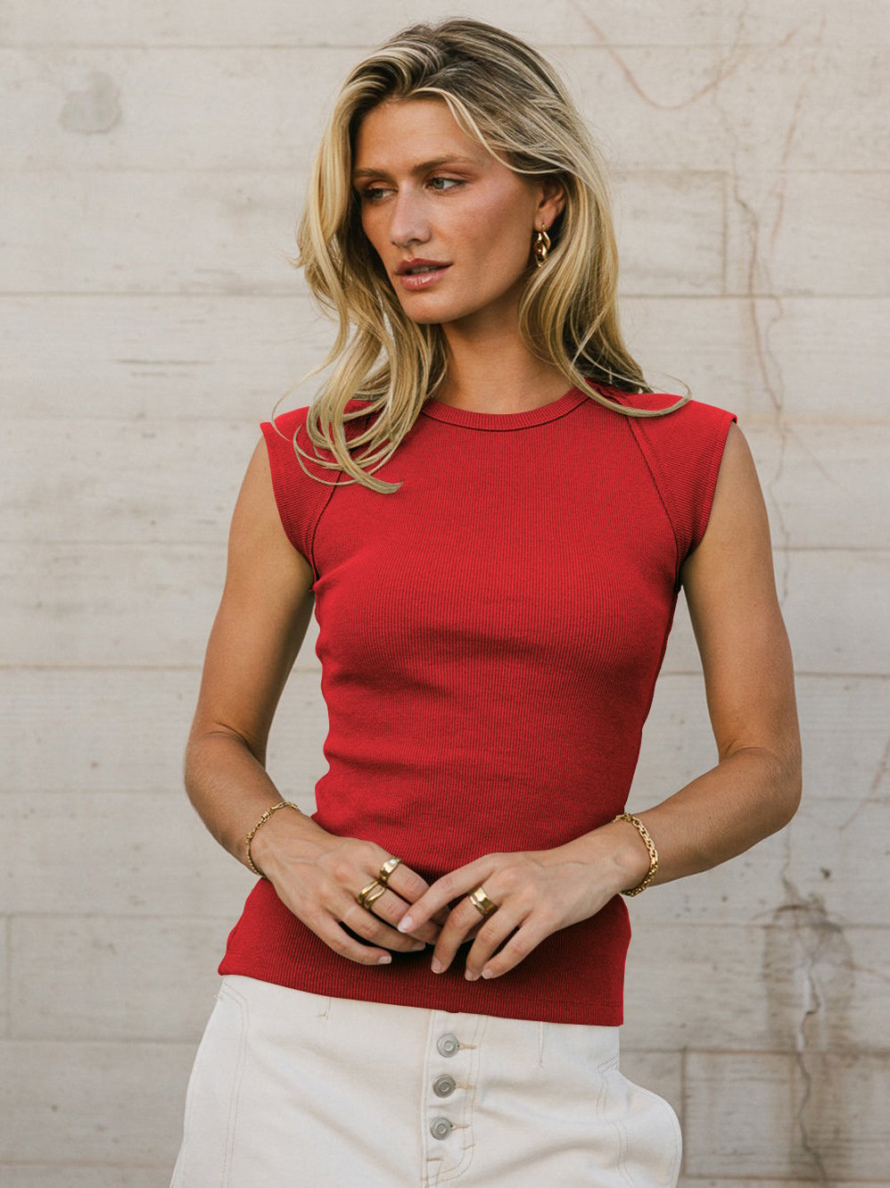 Burgundy Ribbed Sleeveless Crew Neck Top