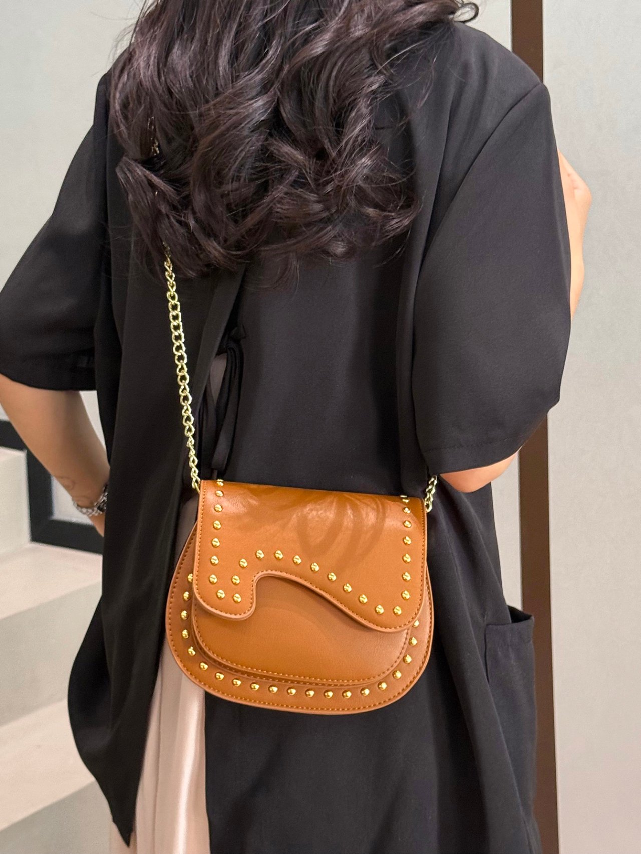 Rust Studded Saddle Crossbody Bag